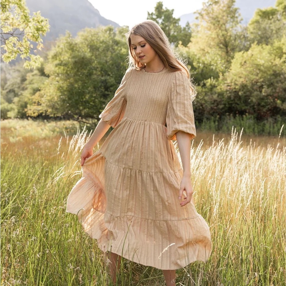 NWT Esme Smocked Modest Midi Dress with Pockets - Tan